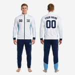 Full set view of mens custom navy and white soccer tracksuit with player number printing and team logo placement on 100 percent polyester fabric