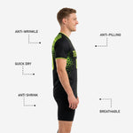 Back view of mens soccer training jersey in black and neon green showing player number and name print zones