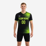 Mens soccer training jersey in jet black with neon green hex pattern sublimated print, V-neck collar, team name and number on chest