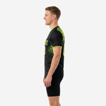 Right side view of mens custom soccer training jersey with neon green hex sublimation print and matching sleeve cuff trim