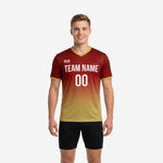 Mens soccer training jersey in Maroon-to-Athletic Gold gradient with V-neck collar and team name printed on chest, front view