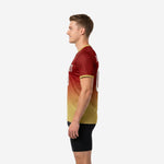 Mens soccer training jersey in Maroon and Athletic Gold gradient with back number and surname arc visible, right side view
