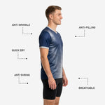 V-neck collar and silver sleeve cuff trim detail on custom navy blue mens soccer training jersey