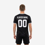 Back view of custom mens soccer training top in jet black with full-dye sublimation print and iridescent panel detail