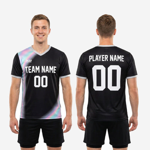 Close-up of silver-grey V-neck collar and sleeve cuff trim on custom black mens soccer training top with full sublimation print