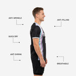 Close-up detail of iridescent multicolor gradient panel on mens soccer training top, full sublimation print bonded into polyester fibers