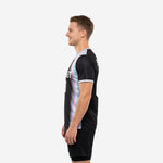 Mens soccer training top showing iridescent gradient panel in pink, sky blue and silver tones across chest and side, right side view