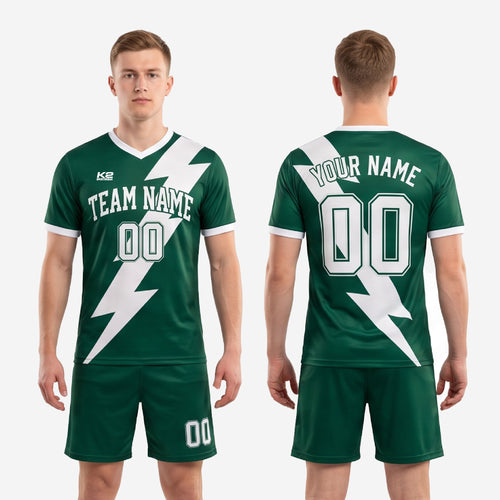 Men's Forest Green and White custom soccer uniform set showing complete vintage soccer kit front and side