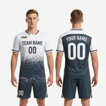 Men's soccer uniforms white and charcoal full kit back view showing player name and back number print zones