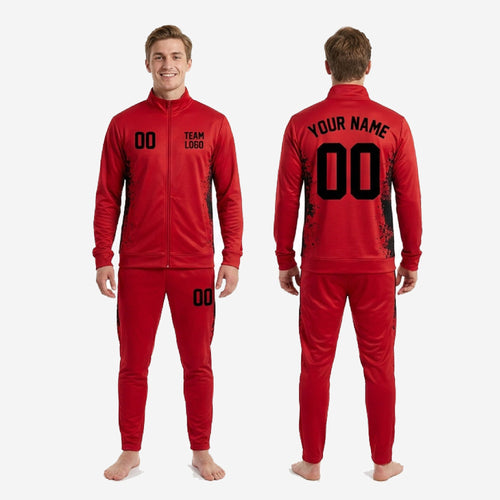 Full 2-piece red soccer tracksuit set for men - Fire Red sublimated jacket and pants with Jet Black splash panel design