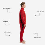 Red soccer tracksuit tapered track pants with Jet Black splash side panel and ribbed ankle cuff, side profile view