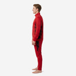 Custom red soccer tracksuit right side view showing full-length splash panel design on jacket and matching track pants