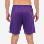 Custom Royal Purple soccer shorts waistband detail with elastic construction and Silver drawcord
