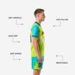 Teal and neon yellow sublimated soccer uniform shorts with player number on left leg and matching splash halftone pattern
