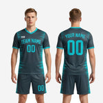 Complete mens teal and charcoal custom soccer uniform set jersey and shorts made to order