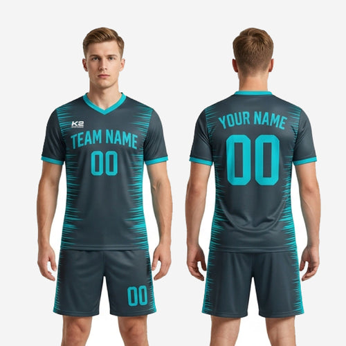 Complete mens teal and charcoal custom soccer uniform set jersey and shorts made to order