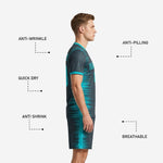 Matching charcoal and teal soccer shorts with elastic waistband drawcord and sublimated spike pattern