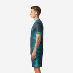 Mens teal soccer uniforms right side view displaying teal trim on V-neck collar and sleeve cuffs