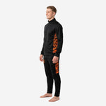 Mens orange and black custom soccer tracksuit right side view highlighting Athletic Orange tiger stripe sublimated panels on jacket and pants