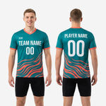 V-neck collar detail on mens teal soccer training jersey with coral contrast trim
