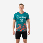 Mens wave custom teal soccer training jersey with coral wave print and team name on chest, front view