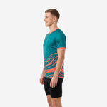 Custom teal soccer training jersey with coral sleeve cuff trim and wave design, right side view