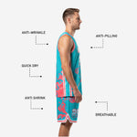 Mesh basketball uniforms teal and coral shorts with V-chevron hem and player number