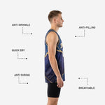 Back view of custom navy and gold basketball jersey displaying back number placement and full sublimated marble-crack design across the rear panel
