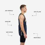 Back view of custom navy and gold basketball jerseys showing back player name and number print zones