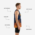 Back view of navy and gold basketball jersey showing back player name and number above the orange and gold flame graphic