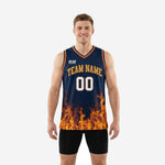 Front and back view of custom navy and gold basketball jerseys with full-panel orange flame sublimation and gold arched team name on chest