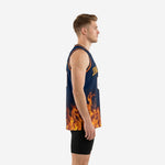 Front view of navy and gold basketball jersey showing orange flame graphic rising from hem and white front number 00 on navy ground