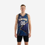 Custom navy and gold basketball jerseys with marble-crack sublimated design, arched team name, and front number shown on male model front and back
