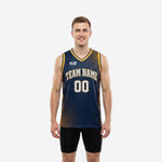 Men's custom navy and gold basketball jerseys with halftone dot pattern, gold V-neck binding, and white team name and number on the front