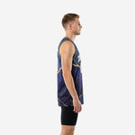 Front view of custom navy and gold basketball jerseys with gold V-neck trim, arched team name across chest, and white front number 00