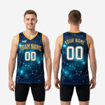 Back view of navy and gold galaxy basketball jersey showing player name above back number, constellation pattern across the full rear panel