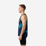 Men's navy and gold basketball jersey with teal cyan star cluster galaxy pattern and gold armhole binding shown from the front on a male model