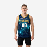 Navy and gold basketball jerseys with full-panel galaxy constellation sublimation print, gold V-neck binding, team name arced across the chest, front number 00