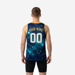 Side view of navy and gold galaxy sublimated basketball jersey showing clean side seam, gold armhole binding edge, and straight hem at tuck-in length