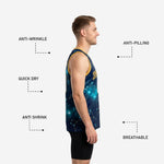 Opposite side view of the navy and gold galaxy basketball jersey showing constellation print continuing edge to edge across the full jersey body