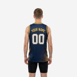 Opposite side view of custom navy gold halftone basketball jersey displaying athletic cut and straight hem detail