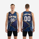 Size and spec chart for custom navy and gold basketball jerseys covering youth and adult sizes for whole roster team orders