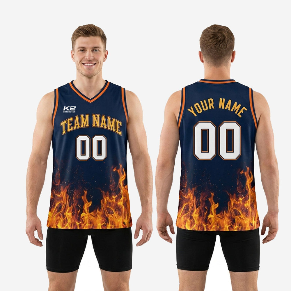 Flame Print Navy and Gold Basketball Jerseys | Custom Names and Numbers