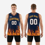 Size and spec chart for custom navy and gold basketball jerseys showing youth and adult size measurements