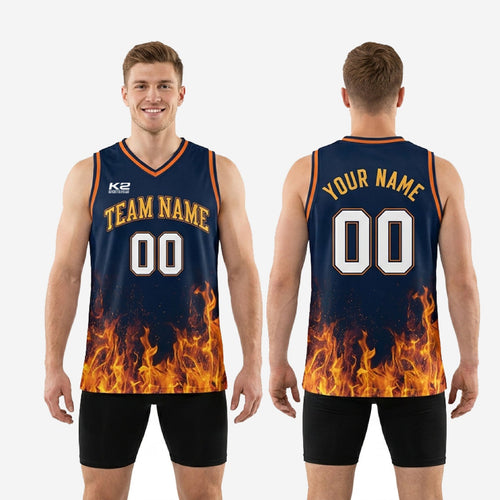 Size and spec chart for custom navy and gold basketball jerseys showing youth and adult size measurements