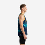 Size and specification chart for navy and gold galaxy sublimated basketball jerseys covering youth and adult size runs