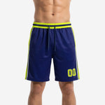 Navy and gold basketball shorts front view showing neon yellow-gold side panels, white stripe trim, layered elastic waistband with drawcord, and sublimated number 00 on left thigh
