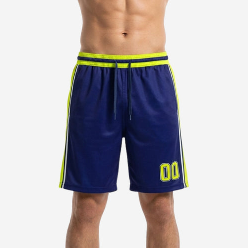 Navy and gold basketball shorts front view showing neon yellow-gold side panels, white stripe trim, layered elastic waistband with drawcord, and sublimated number 00 on left thigh