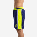 Opposite side view of navy and gold team basketball shorts displaying the broad yellow-gold side panel, white stripe edges, and navy elastic drawcord waistband