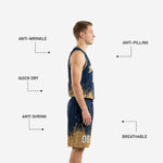Back view of navy and gold basketball uniform set showing player name and back number placement on sublimated navy jersey with gold splash hem